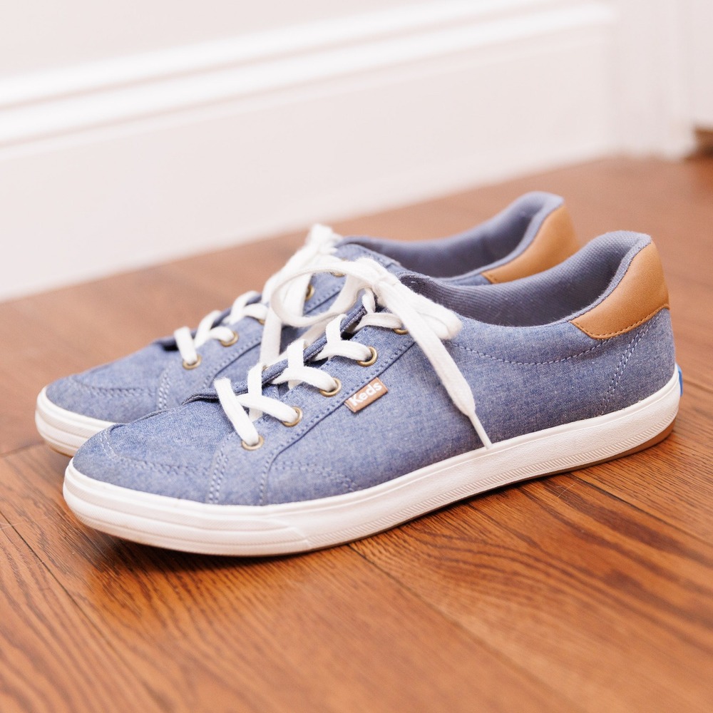 Keds Womens Center Chambray Blue Lace Up Sneakers Tan Trim WF57551 Size 8.5